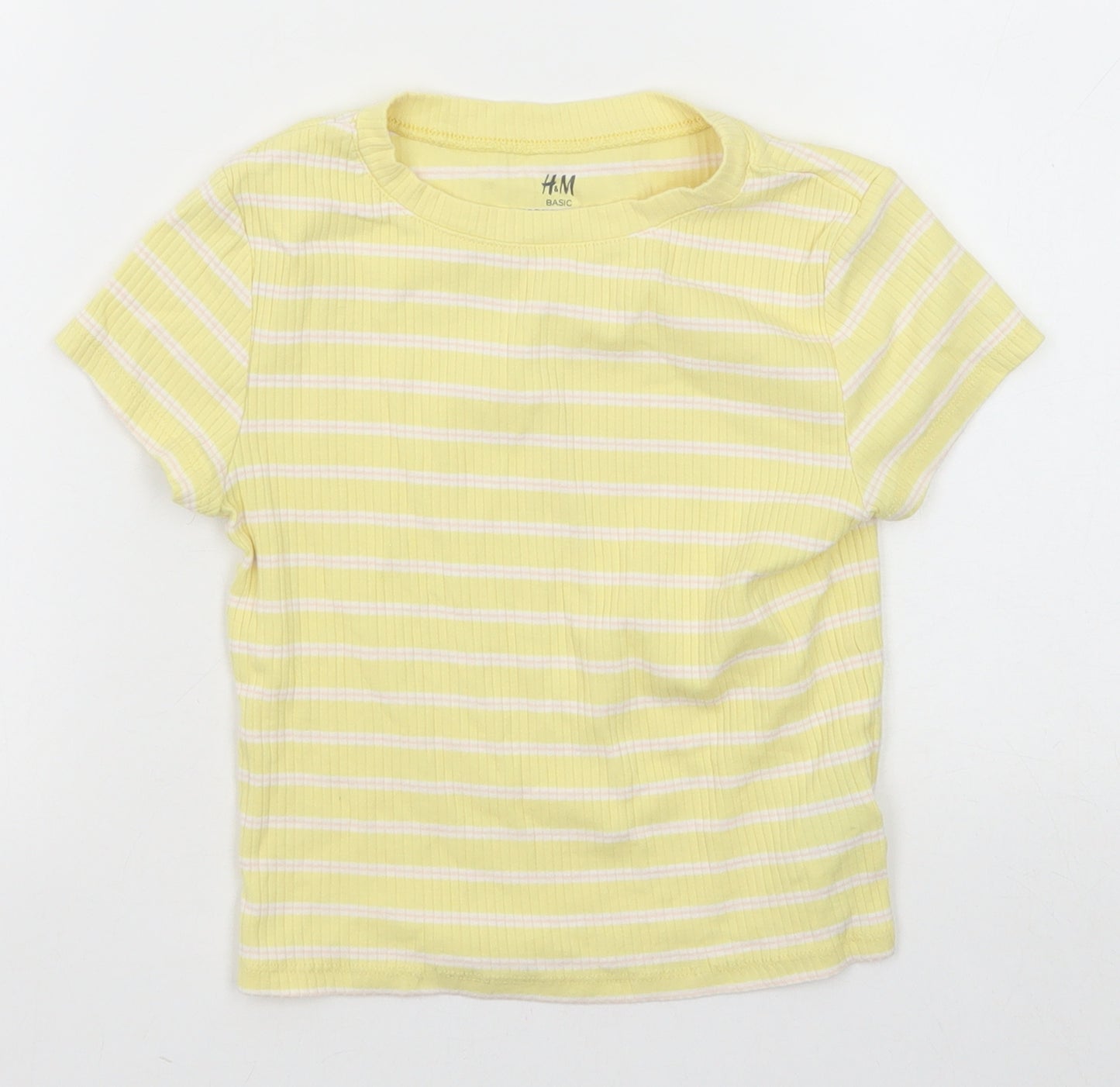 H&M Girls Yellow Striped Cotton Pullover T-Shirt Size 8-9 Years Round Neck Pullover - Ribbed