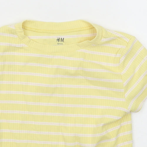H&M Girls Yellow Striped Cotton Pullover T-Shirt Size 8-9 Years Round Neck Pullover - Ribbed