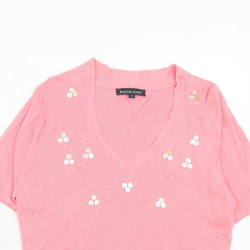 Laura Scott Womens Pink V-Neck Viscose Pullover Jumper Size M