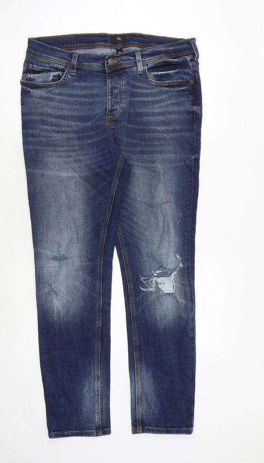River Island Mens Blue Cotton Tapered Jeans Size 34 in L32 in Regular Zip