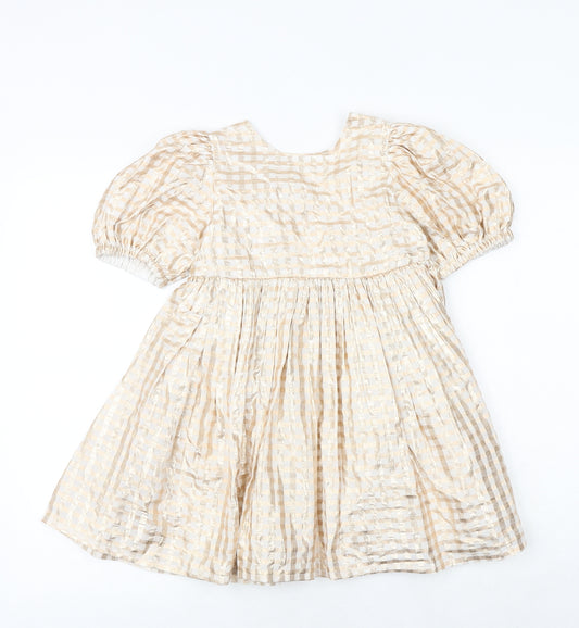 Marks and Spencer Girls Gold Check Cotton Fit & Flare Size 6-7 Years Round Neck Zip - Metallic