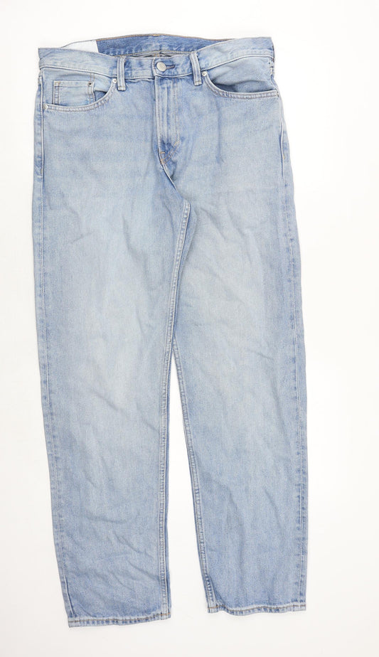 H&M Mens Blue Cotton Straight Jeans Size 34 in Relaxed Zip