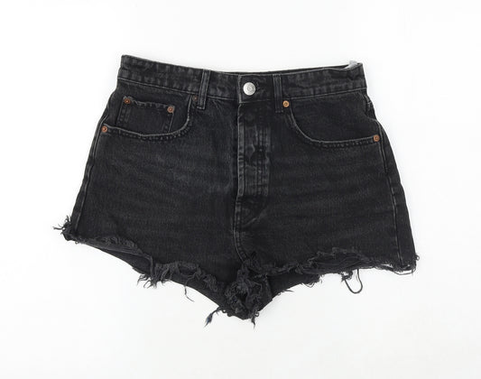 Zara Womens Black 100% Cotton Cut-Off Shorts Size 10 Regular Button