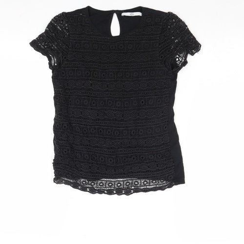 Marks and Spencer Girls Black Cotton Basic Blouse Size 9-10 Years Boat Neck Button - Crocheted Lace Front