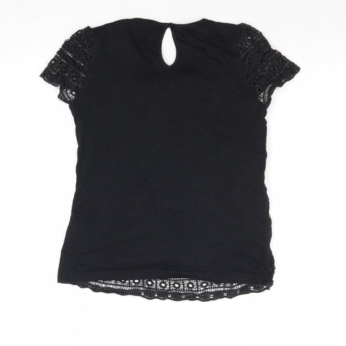 Marks and Spencer Girls Black Cotton Basic Blouse Size 9-10 Years Boat Neck Button - Crocheted Lace Front