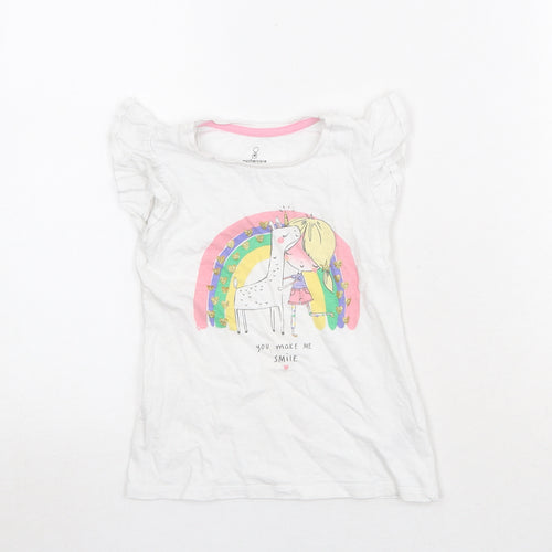 Mothercare Girls White Cotton Pullover T-Shirt Size 4-5 Years Round Neck Pullover - Unicorn Rainbow