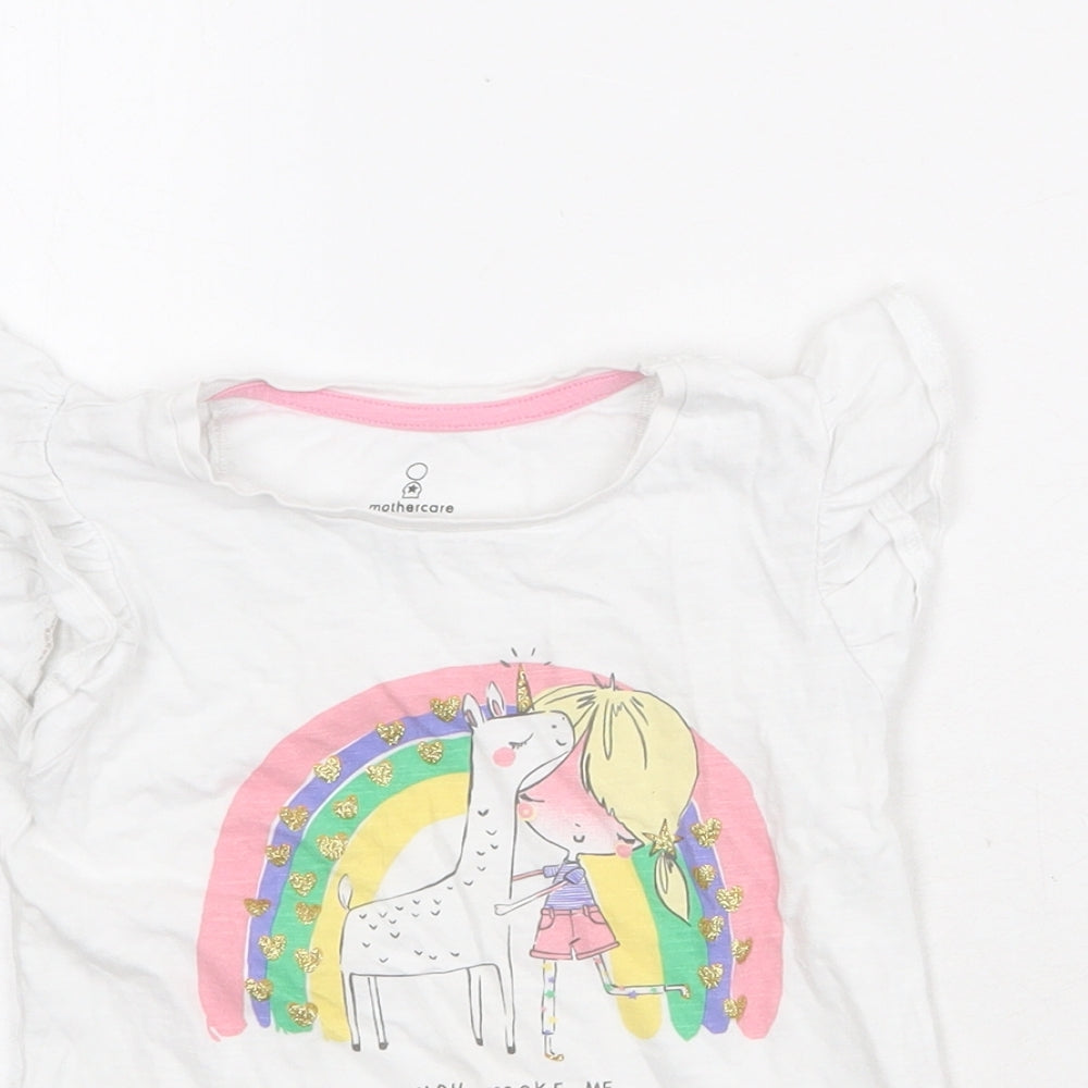 Mothercare Girls White Cotton Pullover T-Shirt Size 4-5 Years Round Neck Pullover - Unicorn Rainbow