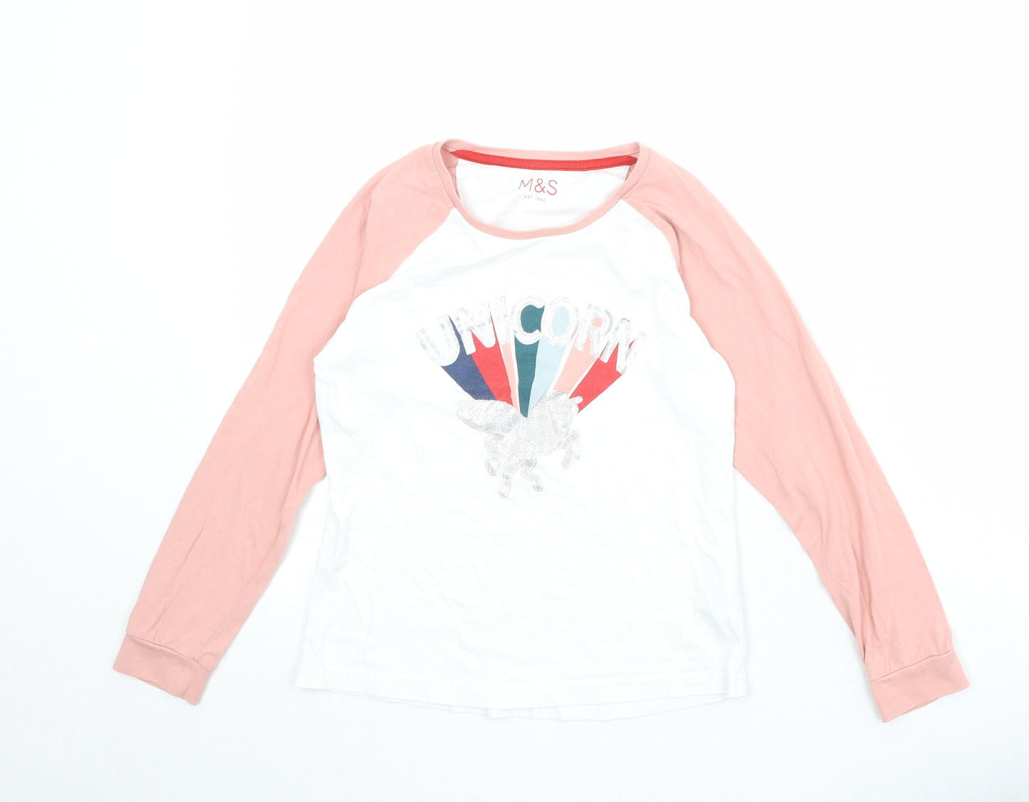Marks and Spencer Girls White Colourblock Cotton Pullover T-Shirt Size 10-11 Years Round Neck Pullover - Unicorn