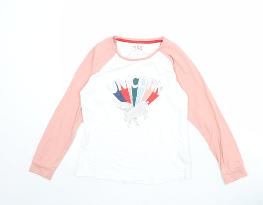 Marks and Spencer Girls White Colourblock Cotton Pullover T-Shirt Size 10-11 Years Round Neck Pullover - Unicorn