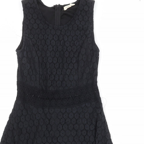 Rebellion Womens Black Geometric Cotton Skater Dress Size M Round Neck Zip