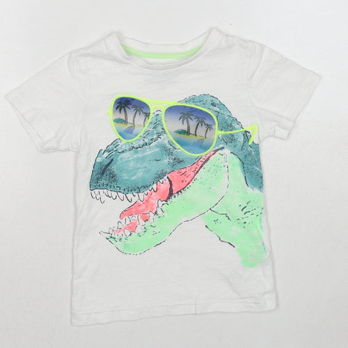 Marks and Spencer Boys White Cotton Pullover T-Shirt Size 2-3 Years Round Neck Pullover - Dinosaur