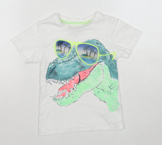 Marks and Spencer Boys White Cotton Pullover T-Shirt Size 2-3 Years Round Neck Pullover - Dinosaur