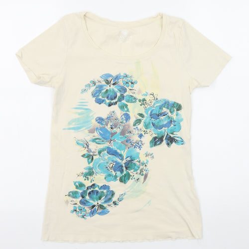 Savoir Womens Beige Floral Cotton Basic T-Shirt Size 12 Round Neck