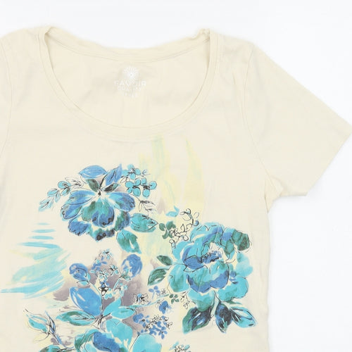Savoir Womens Beige Floral Cotton Basic T-Shirt Size 12 Round Neck