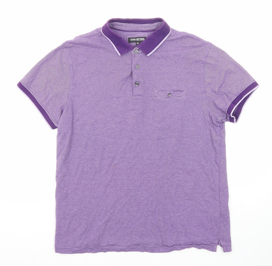 Debenhams Mens Purple Striped Cotton Polo Size M Collared Button