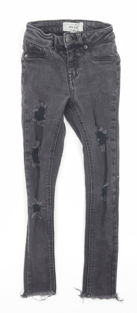 New Look Girls Grey Cotton Skinny Jeans Size 9 Years Regular Zip - Distressed