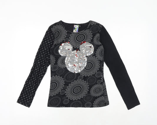 Mickey and Friends Girls Grey Geometric 100% Cotton Basic T-Shirt Size 11-12 Years Boat Neck Pullover - Mickey Mouse