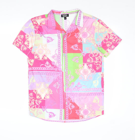 Boohoo Mens Multicoloured Geometric Polyester Button-Up Size S Collared Button