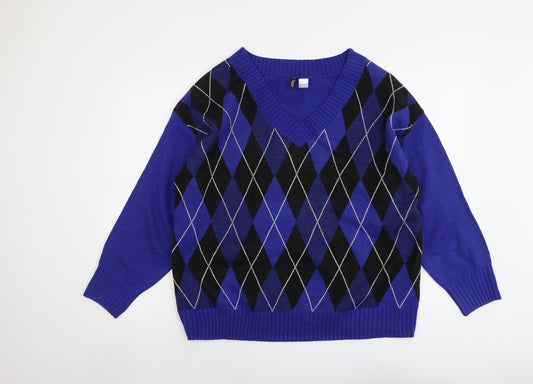 H&M Mens Blue V-Neck Argyle/Diamond Acrylic Pullover Jumper Size L Long Sleeve