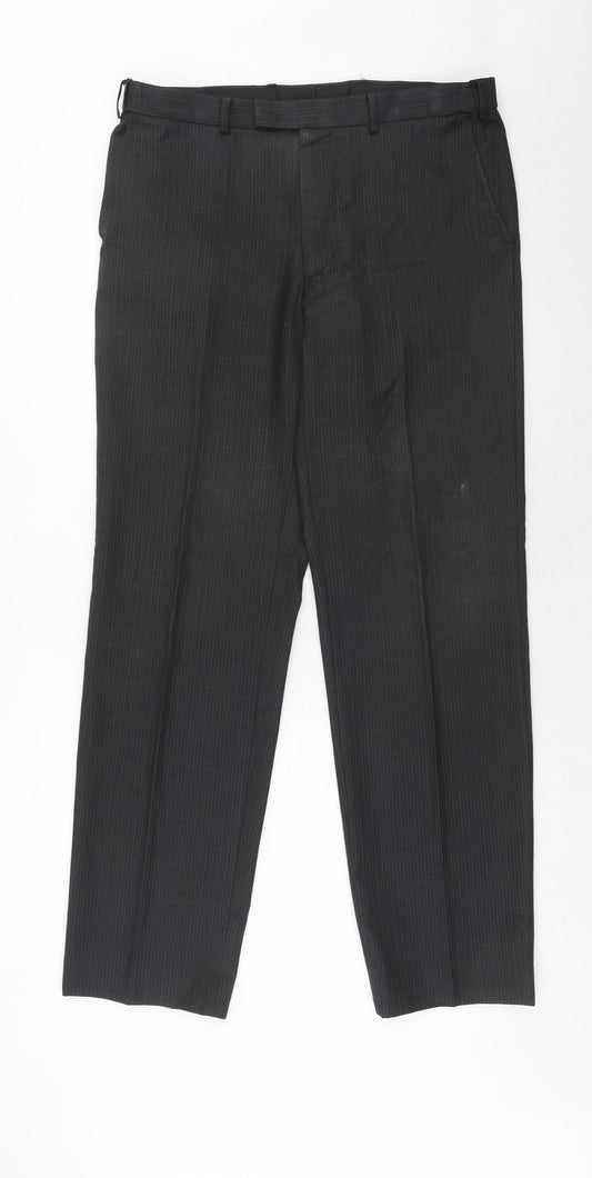 Marks and Spencer Mens Grey Striped Wool Dress Pants Trousers Size 34 in L33 in Regular Buckle