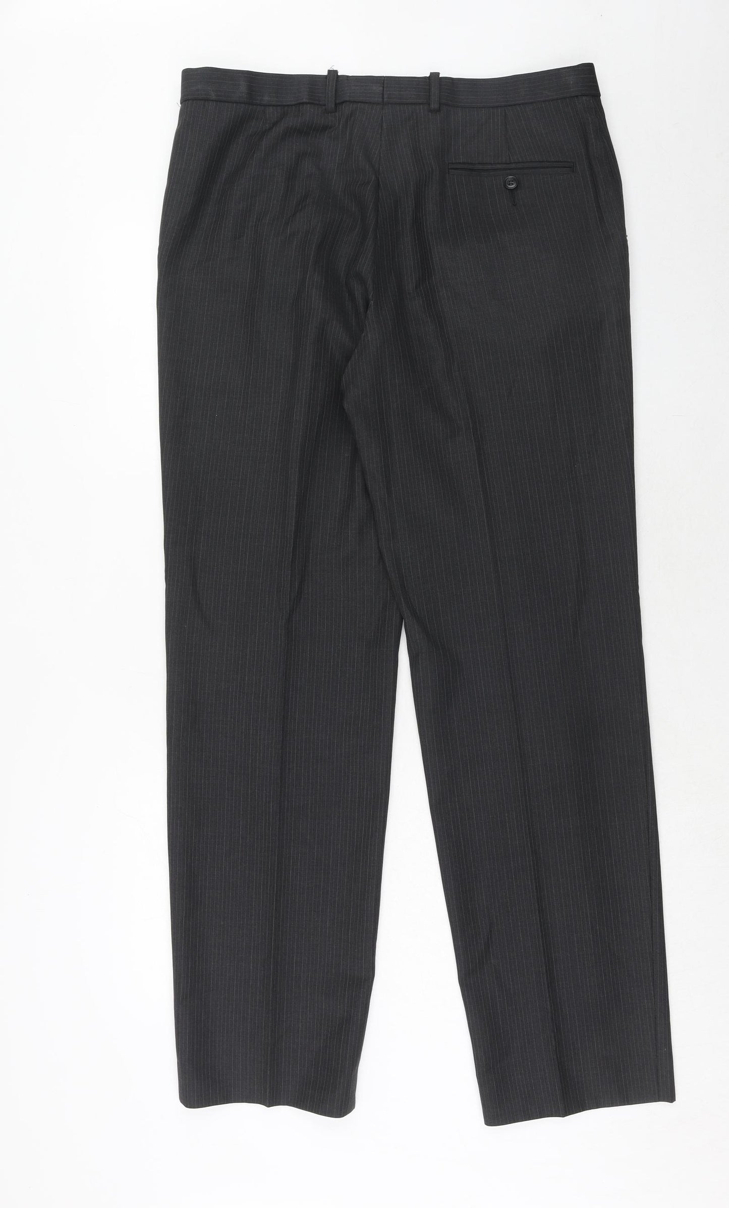 Marks and Spencer Mens Grey Striped Wool Dress Pants Trousers Size 34 in L33 in Regular Buckle