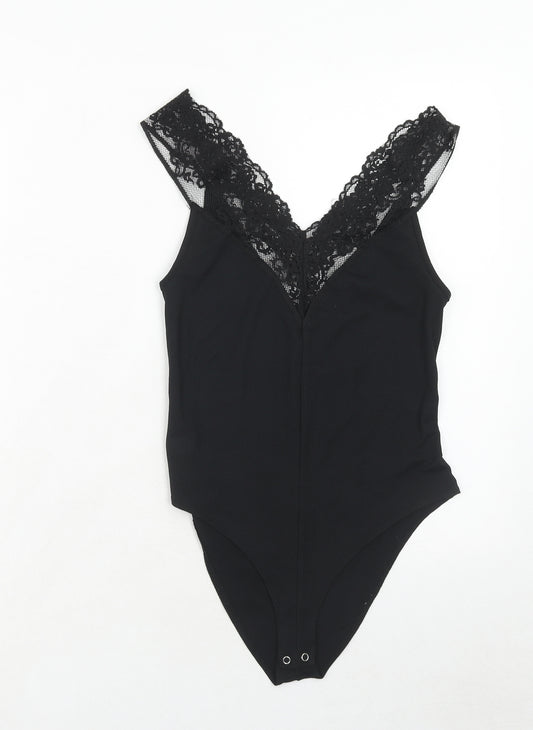 Zara Womens Black Polyester Bodysuit One-Piece Size S Snap - Lace Detail