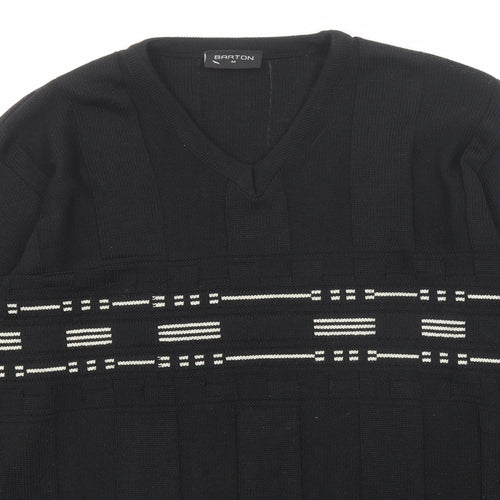 Barton Mens Black V-Neck Geometric Cotton Pullover Jumper Size M Long Sleeve