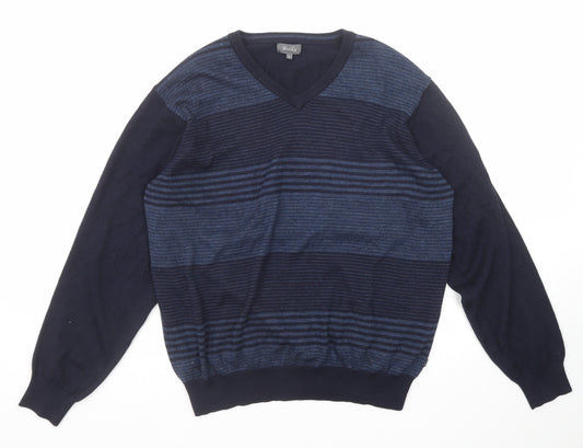 Wolsey Mens Blue V-Neck Striped Wool Pullover Jumper Size L Long Sleeve