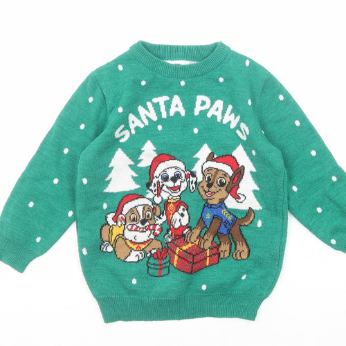 Paw Patrol Boys Green Crew Neck Polka Dot Cotton Pullover Jumper Size 3-4 Years Pullover - Christmas Santa Paws