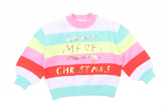 Marks and Spencer Girls Multicoloured Mock Neck Striped Acrylic Pullover Jumper Size 2-3 Years Pullover - Christmas