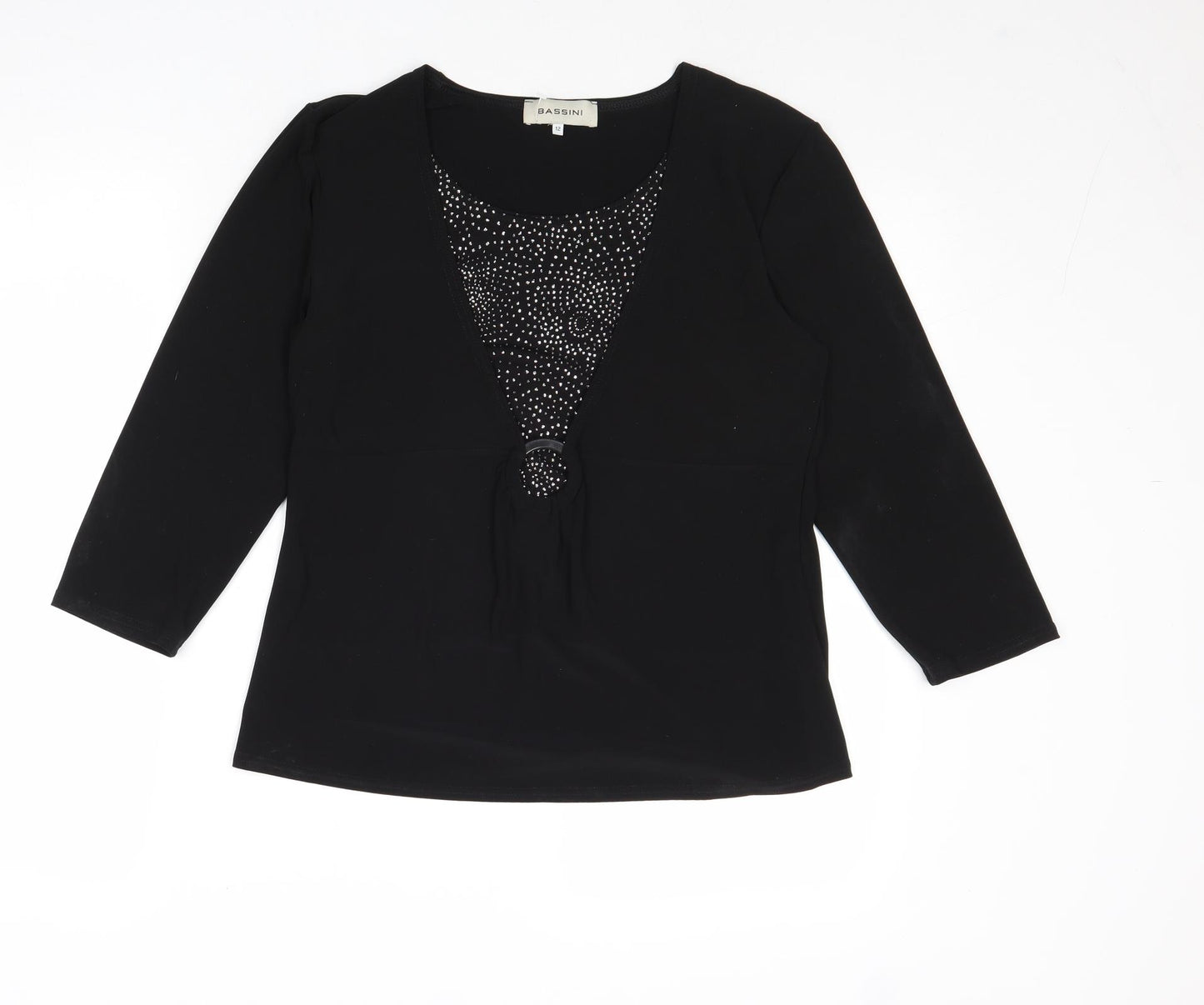 BASSINI Womens Black Polyester Basic Blouse Size 12 Round Neck