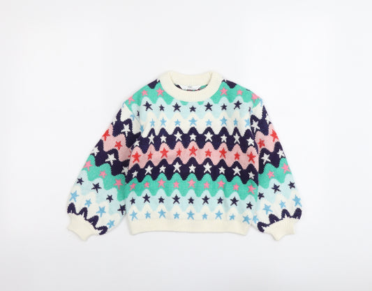 Marks and Spencer Girls Multicoloured Crew Neck Geometric Polyester Pullover Jumper Size 7-8 Years Pullover - Stars