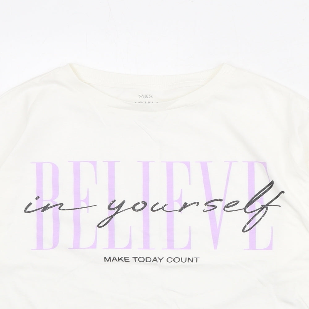 Marks and Spencer Girls White 100% Cotton Pullover T-Shirt Size 12-13 Years Round Neck Pullover - Believe in Yourself