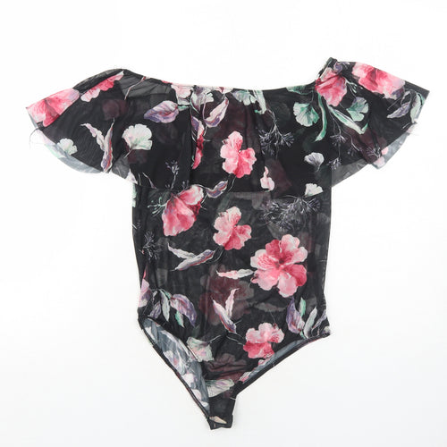 New Look Womens Black Floral Polyester Bodysuit One-Piece Size 12 Snap