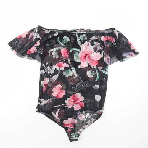 New Look Womens Black Floral Polyester Bodysuit One-Piece Size 12 Snap