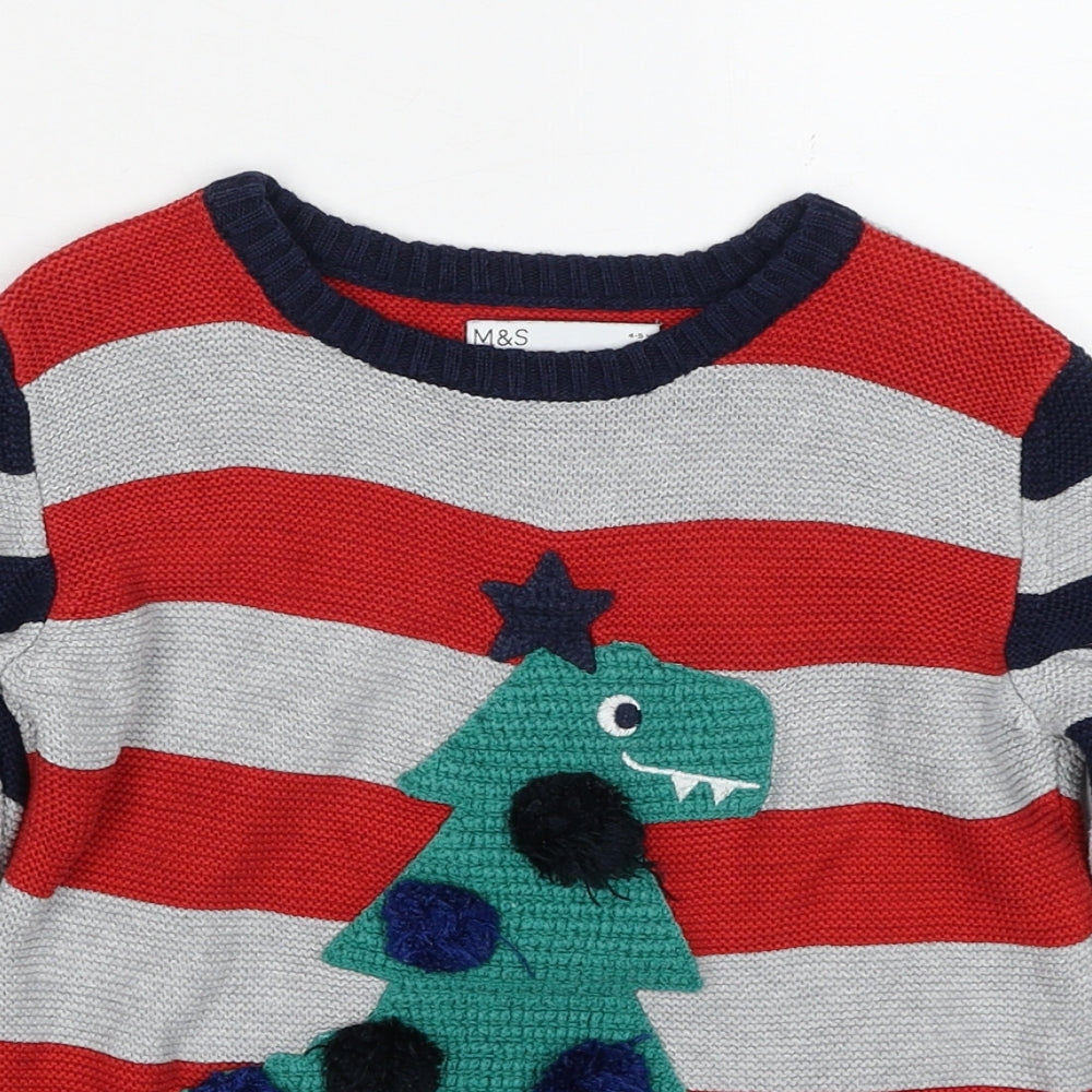 Marks and Spencer Boys Multicoloured Round Neck Striped Cotton Pullover Jumper Size 4-5 Years Pullover - Christmas Dinosaur