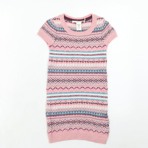 H&M Girls Pink Fair Isle Cotton Jumper Dress Size 6-7 Years Boat Neck Pullover