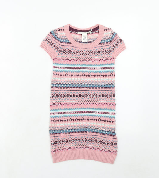 H&M Girls Pink Fair Isle Cotton Jumper Dress Size 6-7 Years Boat Neck Pullover