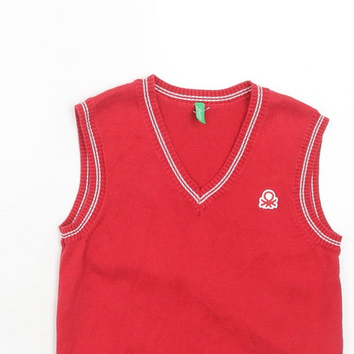 United Colors of Benetton Boys Red V-Neck Cotton Pullover Jumper Size 6-7 Years Pullover
