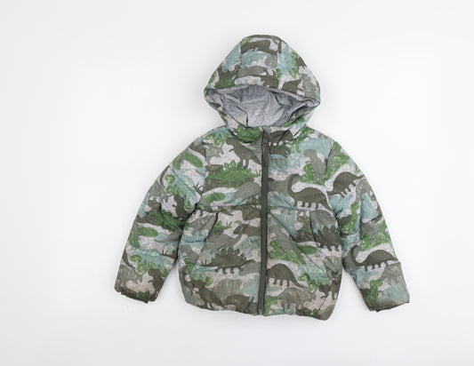 Marks and Spencer Boys Green Geometric Puffer Jacket Jacket Size 3-4 Years Zip - Dinosaur Print