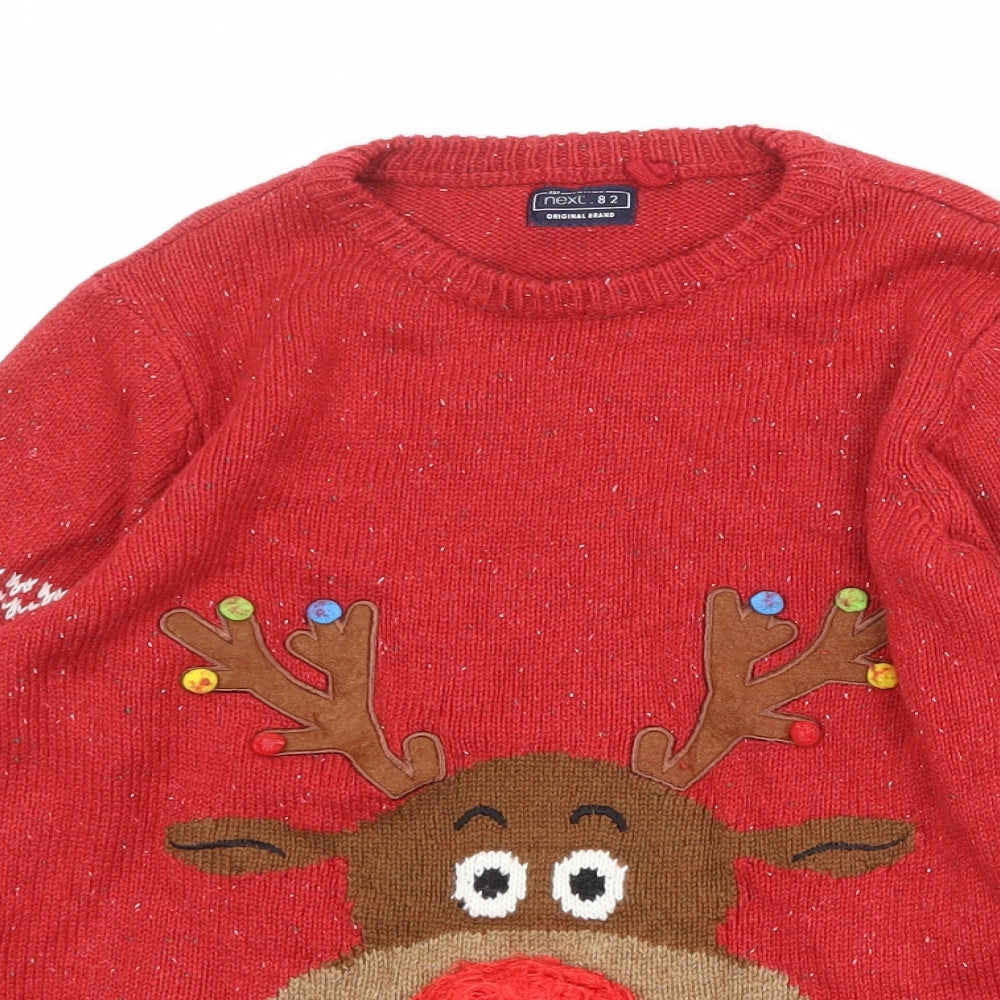 NEXT Boys Red Crew Neck Geometric Acrylic Pullover Jumper Size 10 Years Pullover - Christmas Reindeer