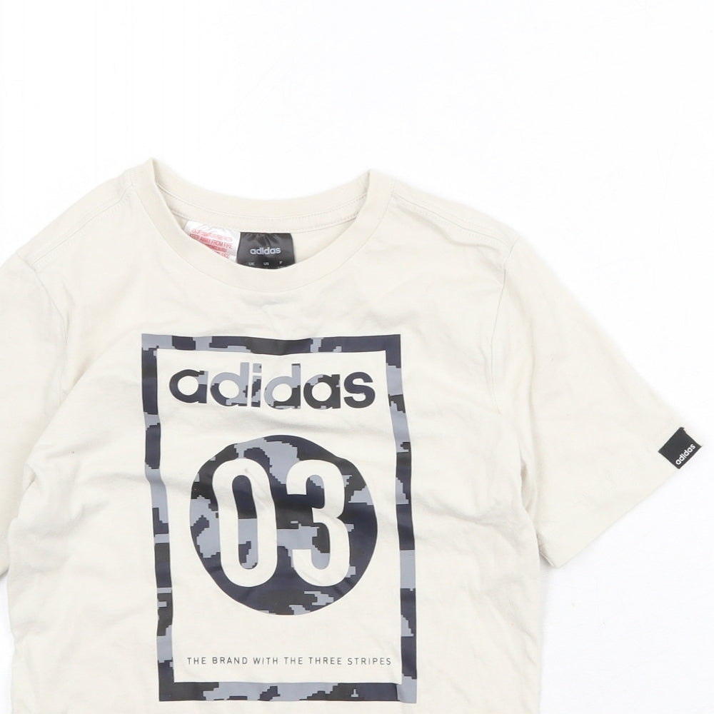 adidas Boys Ivory Cotton Pullover T-Shirt Size 9-10 Years Crew Neck Pullover