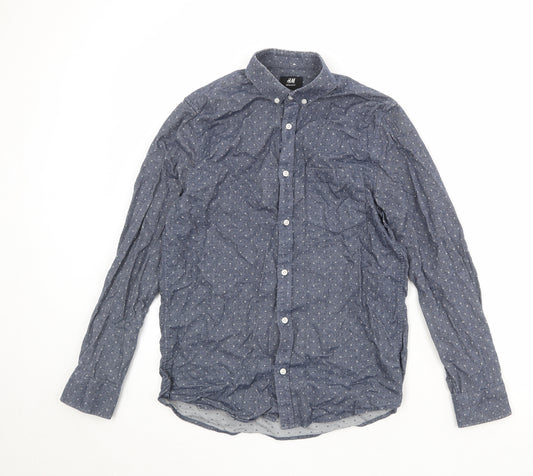 H&M Mens Blue Polka Dot Cotton Button-Up Size S Collared Button
