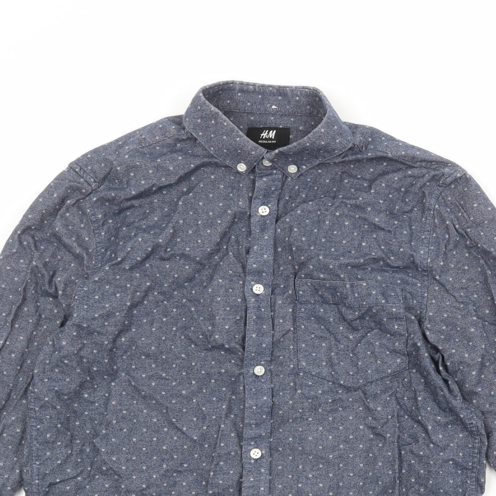 H&M Mens Blue Polka Dot Cotton Button-Up Size S Collared Button