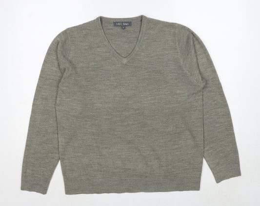 Marks and Spencer Mens Beige V-Neck Acrylic Pullover Jumper Size M Long Sleeve