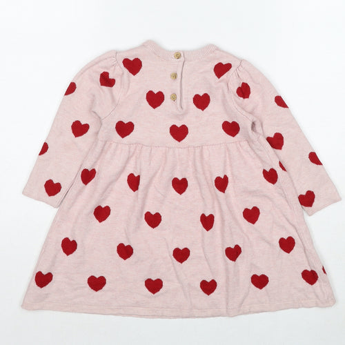 Marks and Spencer Girls Pink Geometric Viscose Jumper Dress Size 2-3 Years Crew Neck Pullover - Heart Pattern