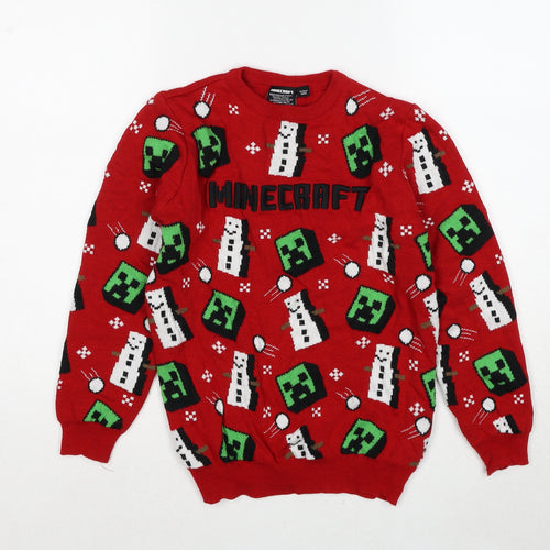Minecraft Boys Red Crew Neck Geometric Polyester Pullover Jumper Size 12-13 Years Pullover