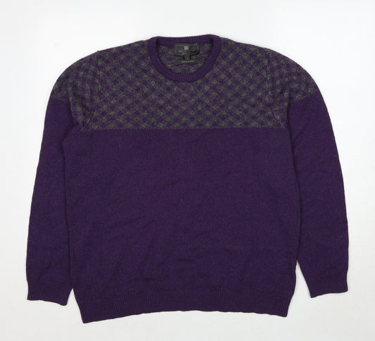 Marks and Spencer Mens Purple Round Neck Geometric Acrylic Pullover Jumper Size L Long Sleeve