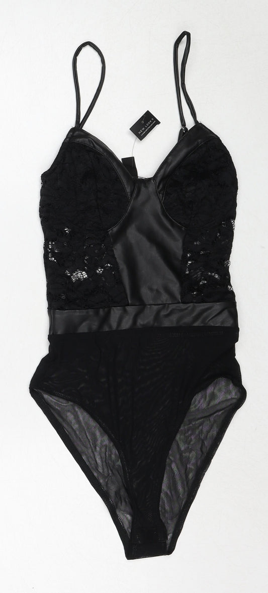 New Look Womens Black Polyester Bodysuit One-Piece Size 6 Snap - Lace Detail