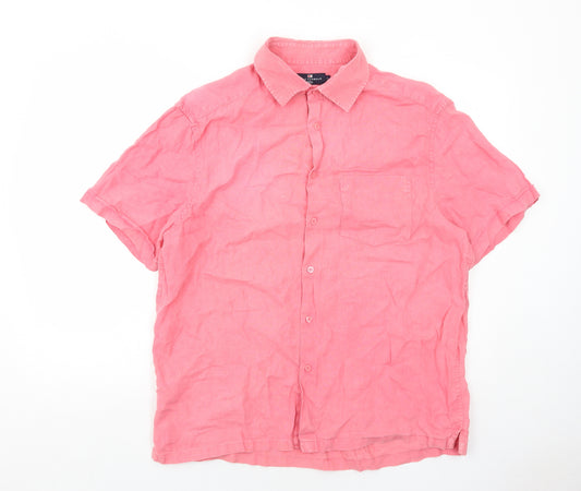 Marks and Spencer Mens Pink Linen Button-Up Size L Collared Button